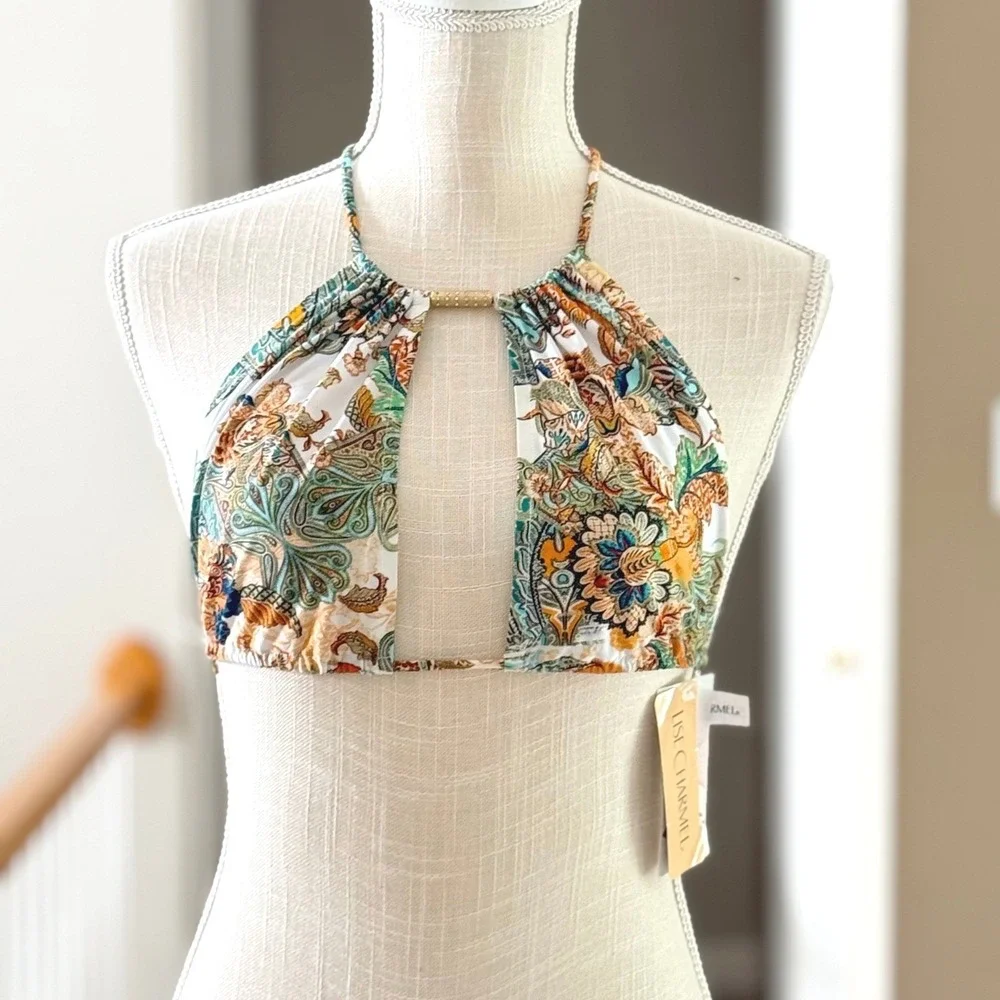 Lise Charmel Cashemere Evasion Paisley Halter Bikini Top Gold Hardware Small NEW